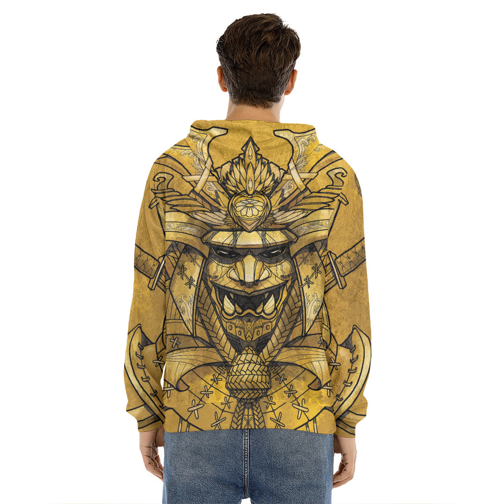 Gold Samurai Mask Print Men's Velvet Pullover Hoodie
