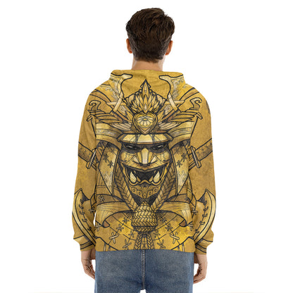 Gold Samurai Mask Print Men's Velvet Pullover Hoodie