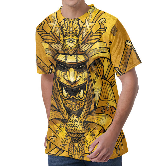Gold Samurai Mask Print Men's Velvet T-Shirt
