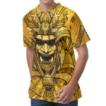 Gold Samurai Mask Print Men's Velvet T-Shirt
