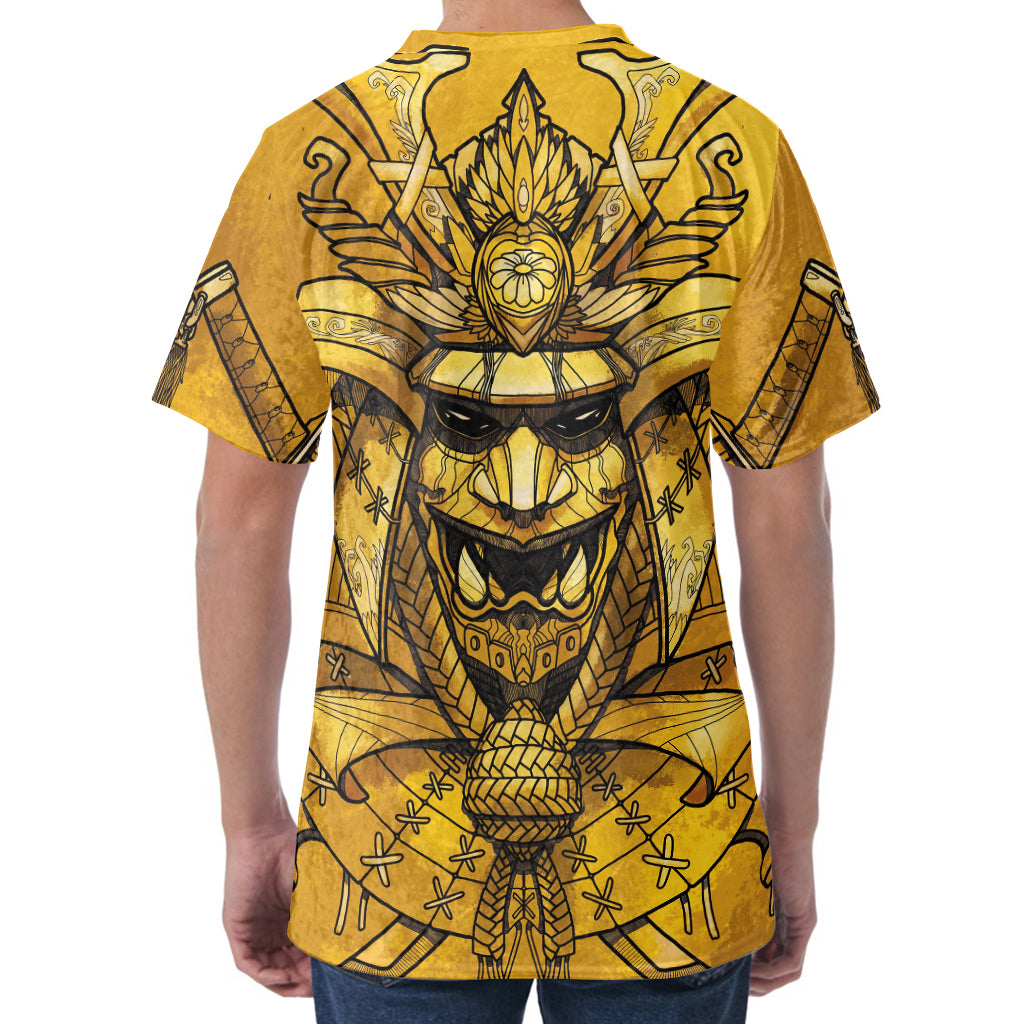 Gold Samurai Mask Print Men's Velvet T-Shirt