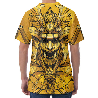 Gold Samurai Mask Print Men's Velvet T-Shirt