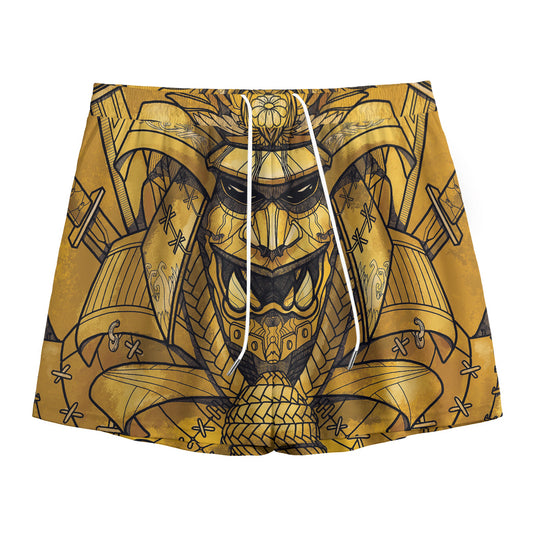 Gold Samurai Mask Print Mesh Shorts
