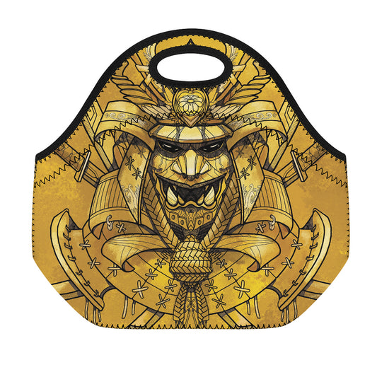 Gold Samurai Mask Print Neoprene Lunch Bag