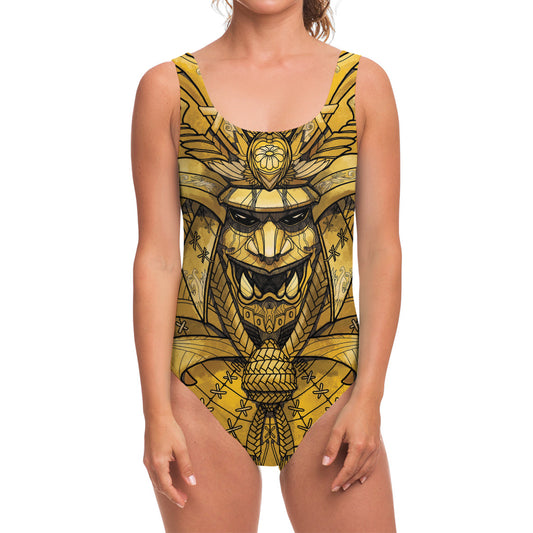 Gold Samurai Mask Print One Piece Swimsuit
