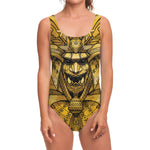 Gold Samurai Mask Print One Piece Swimsuit