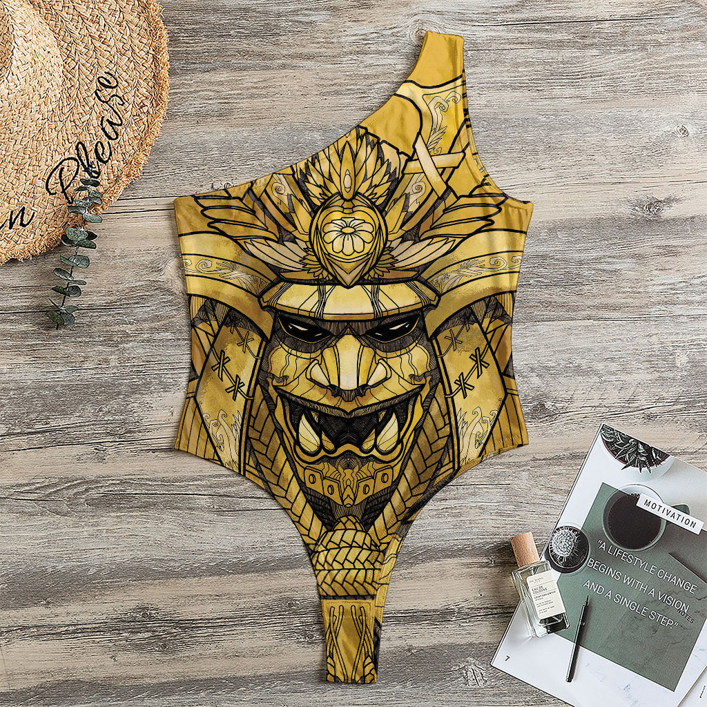 Gold Samurai Mask Print One Shoulder Bodysuit