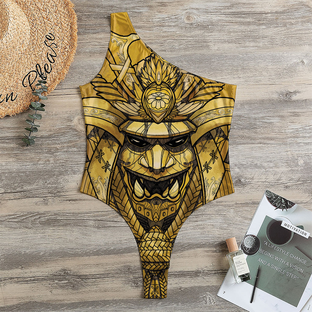 Gold Samurai Mask Print One Shoulder Bodysuit