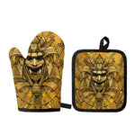 Gold Samurai Mask Print Oven Mitt And Pot Holder Set