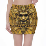 Gold Samurai Mask Print Pencil Mini Skirt