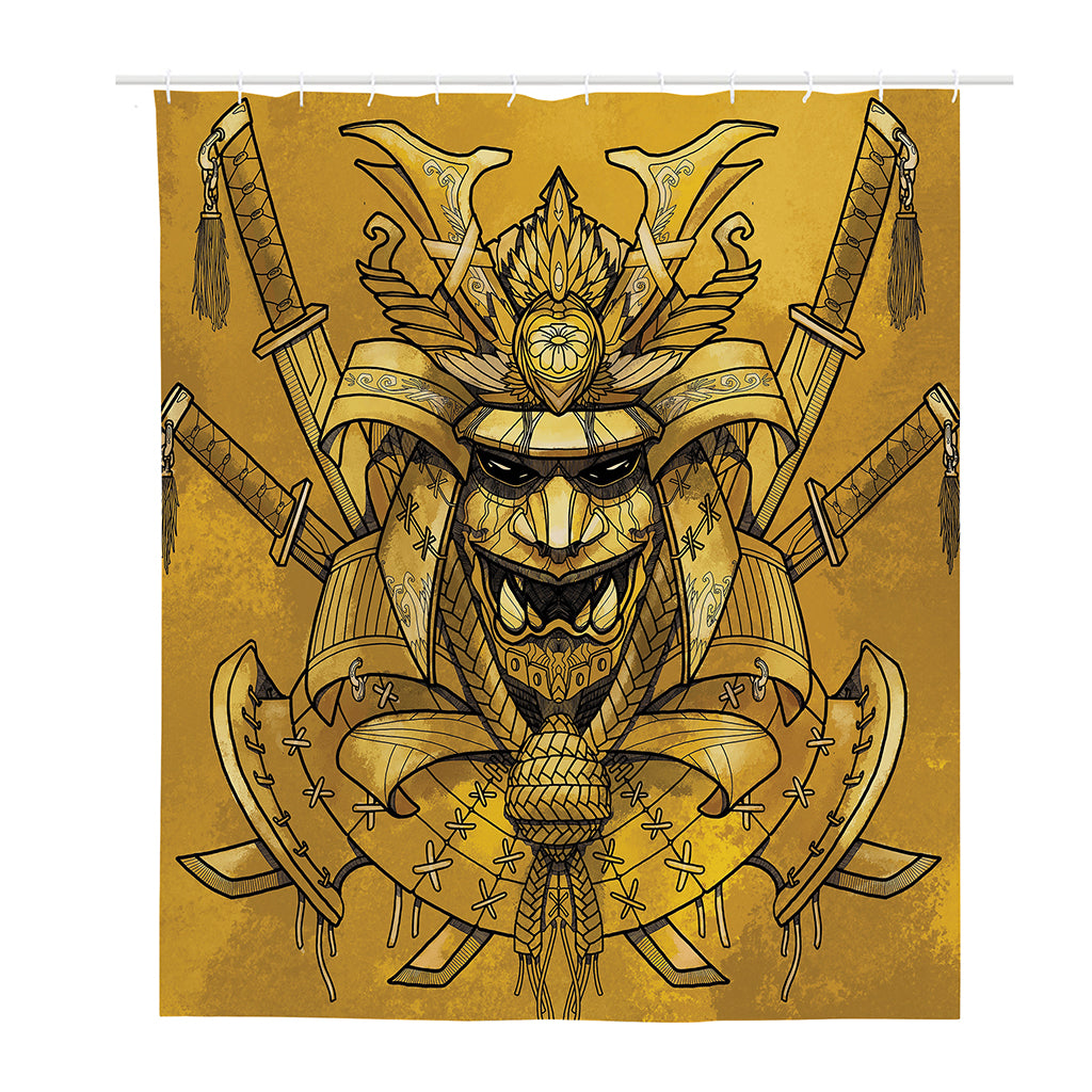 Gold Samurai Mask Print Polyester Shower Curtain