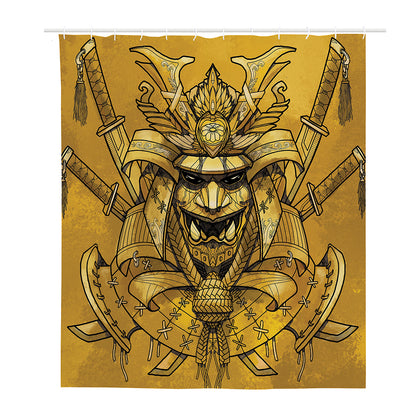 Gold Samurai Mask Print Polyester Shower Curtain