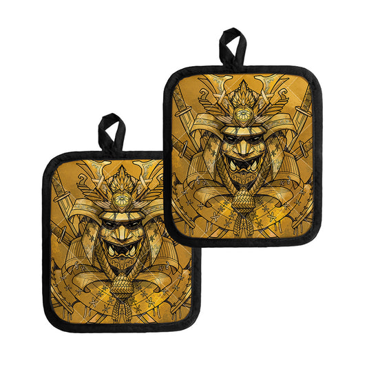 Gold Samurai Mask Print Pot Holders