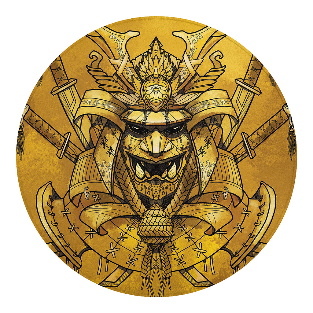 Gold Samurai Mask Print Round Blanket