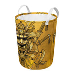 Gold Samurai Mask Print Round Laundry Basket