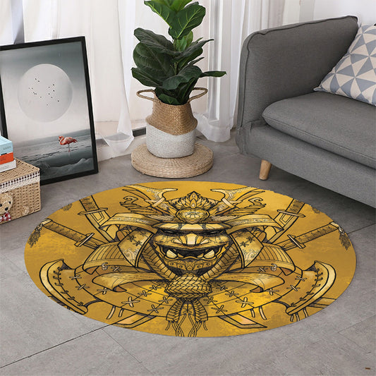 Gold Samurai Mask Print Round Rug
