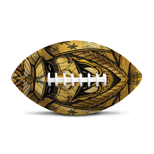 Gold Samurai Mask Print Rugby Ball