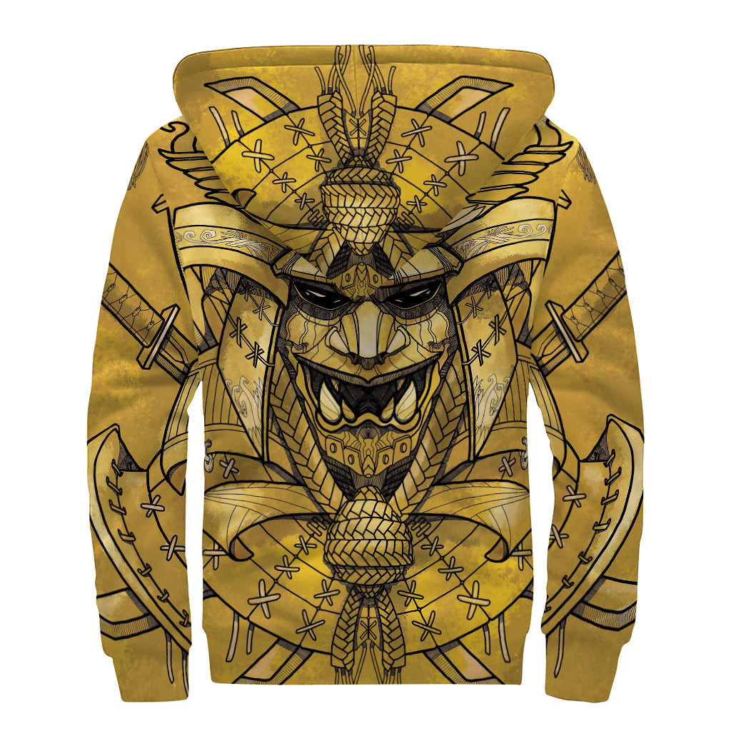 Gold Samurai Mask Print Sherpa Lined Zip Up Hoodie
