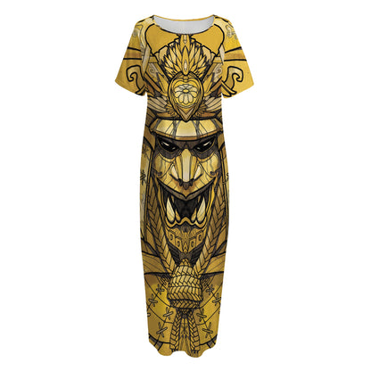 Gold Samurai Mask Print Short Sleeve Long Nightdress