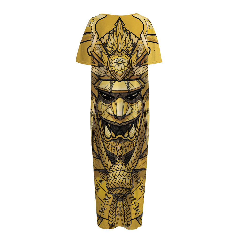 Gold Samurai Mask Print Short Sleeve Long Nightdress