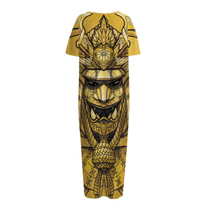 Gold Samurai Mask Print Short Sleeve Long Nightdress