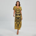 Gold Samurai Mask Print Short Sleeve Maxi Dress