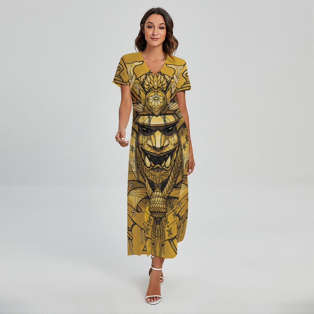 Gold Samurai Mask Print Short Sleeve Maxi Dress