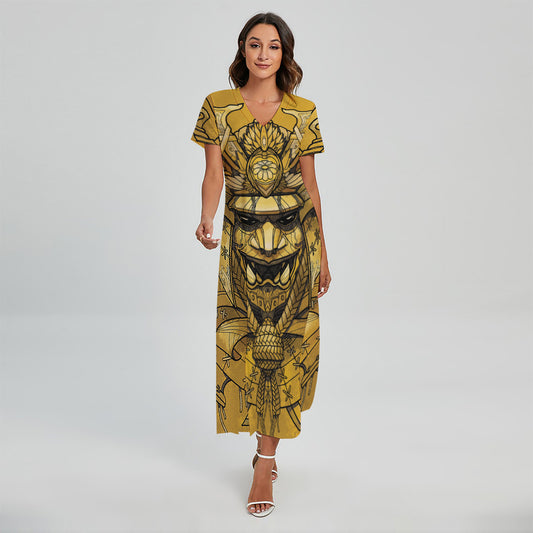 Gold Samurai Mask Print Short Sleeve Maxi Dress