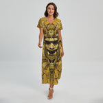 Gold Samurai Mask Print Short Sleeve Maxi Dress