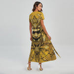Gold Samurai Mask Print Short Sleeve Maxi Dress