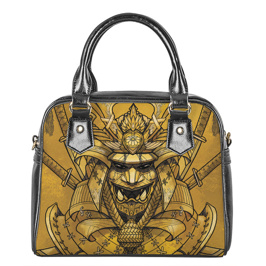 Gold Samurai Mask Print Shoulder Handbag
