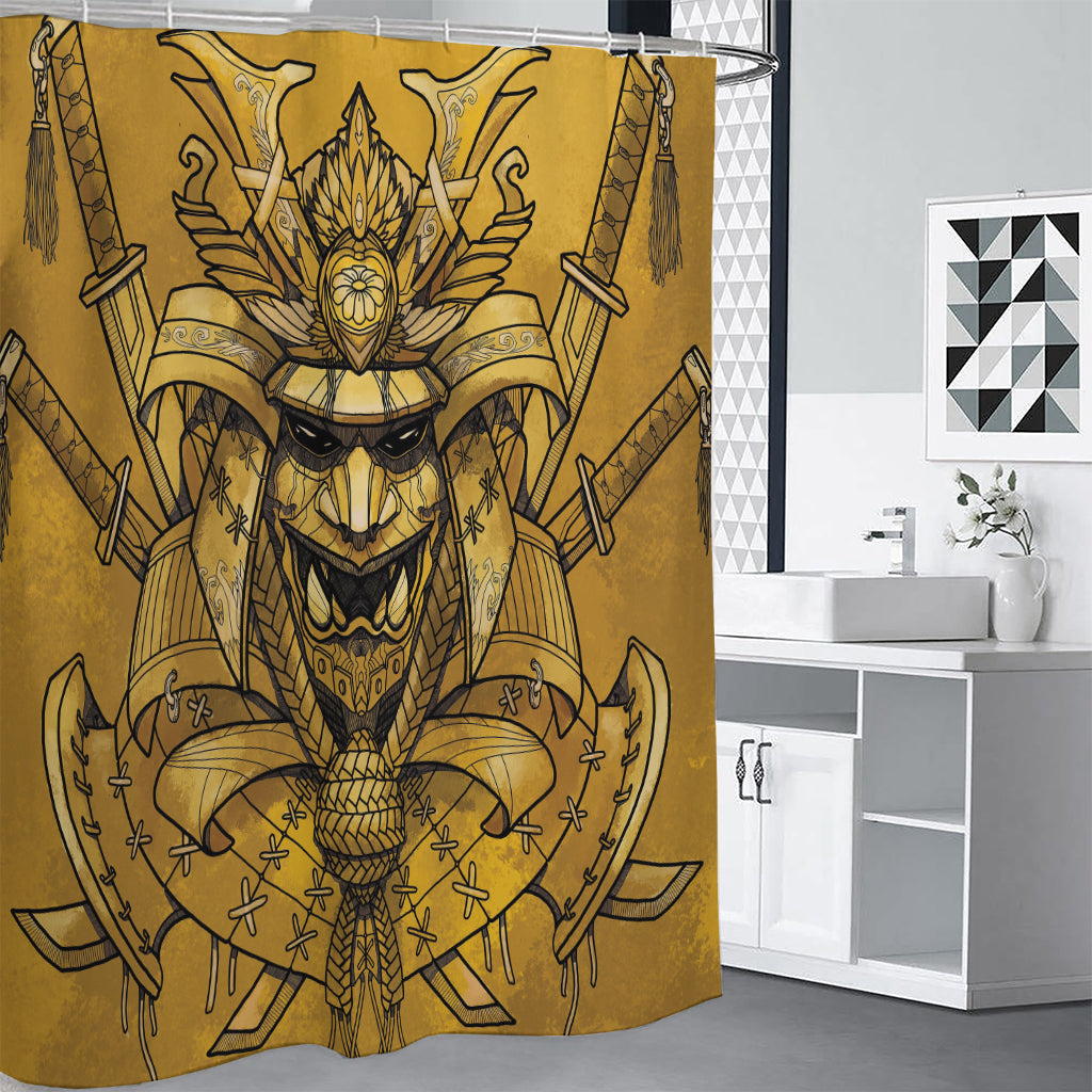 Gold Samurai Mask Print Shower Curtain