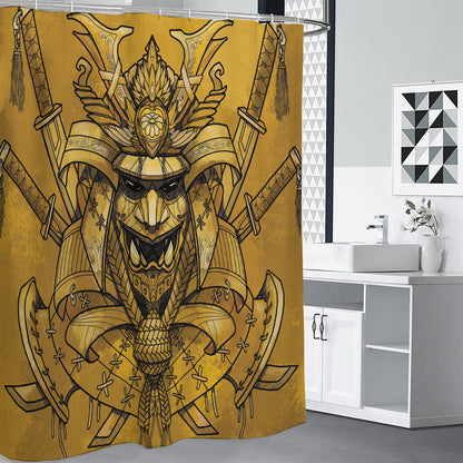 Gold Samurai Mask Print Shower Curtain