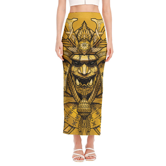 Gold Samurai Mask Print Side Slit Maxi Skirt