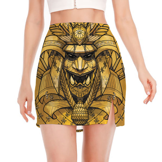 Gold Samurai Mask Print Side Slit Mini Skirt