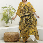 Gold Samurai Mask Print Silk V-Neck Kaftan Dress
