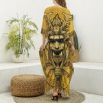 Gold Samurai Mask Print Silk V-Neck Kaftan Dress