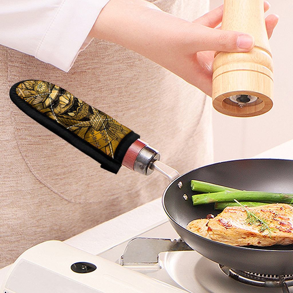 Gold Samurai Mask Print Skillet Handle Cover