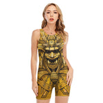Gold Samurai Mask Print Sleeveless One Piece Swimsuit