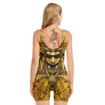 Gold Samurai Mask Print Sleeveless One Piece Swimsuit