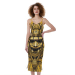 Gold Samurai Mask Print Slim Fit Midi Cami Dress