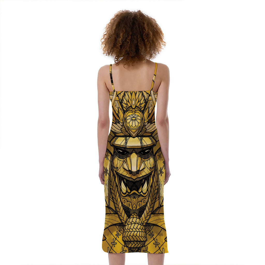 Gold Samurai Mask Print Slim Fit Midi Cami Dress
