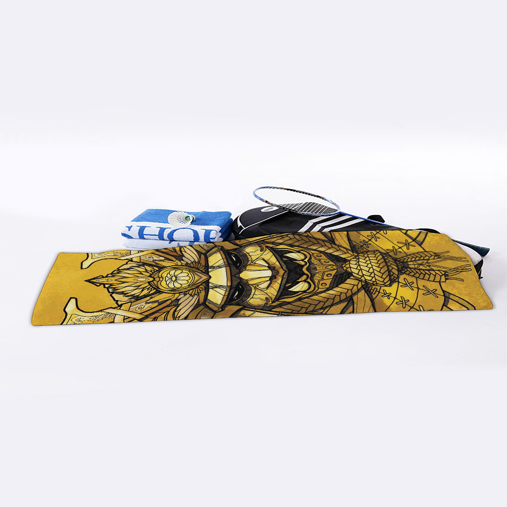 Gold Samurai Mask Print Sports Towel