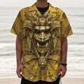 Gold Samurai Mask Print Textured Short Sleeve Shirt