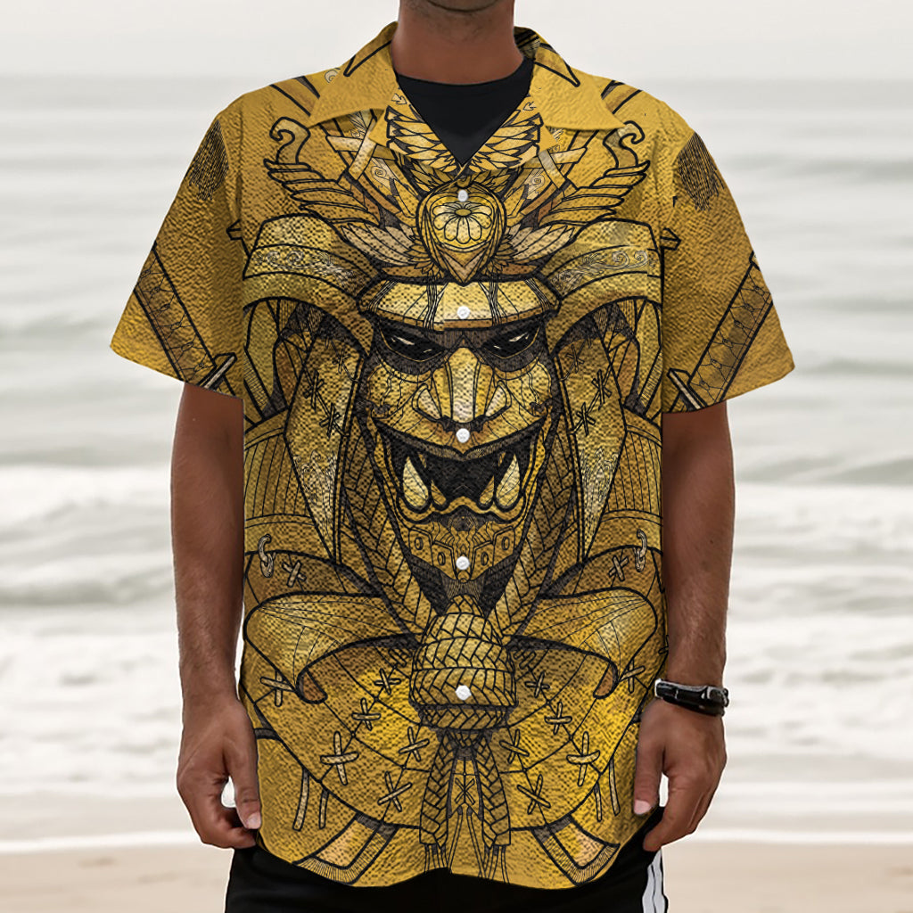 Gold Samurai Mask Print Textured Short Sleeve Shirt