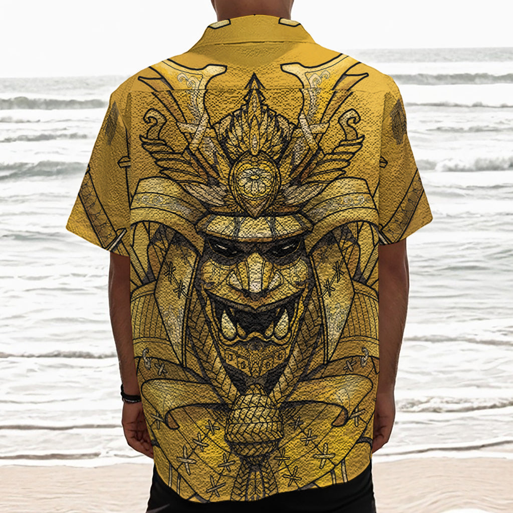 Gold Samurai Mask Print Textured Short Sleeve Shirt
