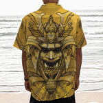 Gold Samurai Mask Print Textured Short Sleeve Shirt