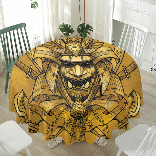 Gold Samurai Mask Print Waterproof Round Tablecloth