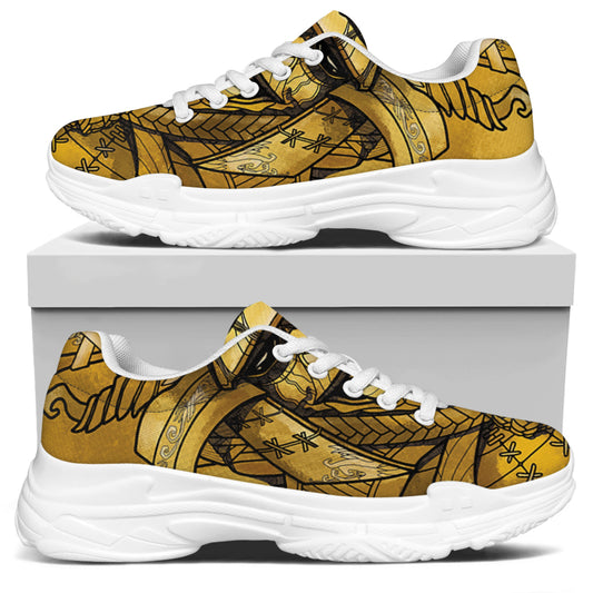 Gold Samurai Mask Print White Chunky Shoes