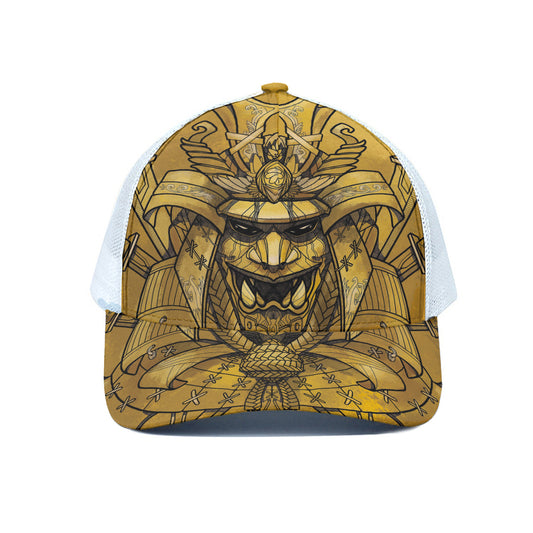 Gold Samurai Mask Print White Mesh Trucker Cap